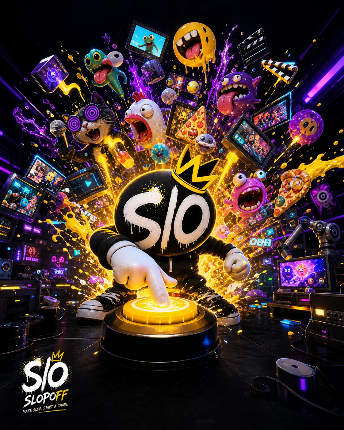 The crowned S/O character presses a glowing button as a burst of absurd images explodes around it.