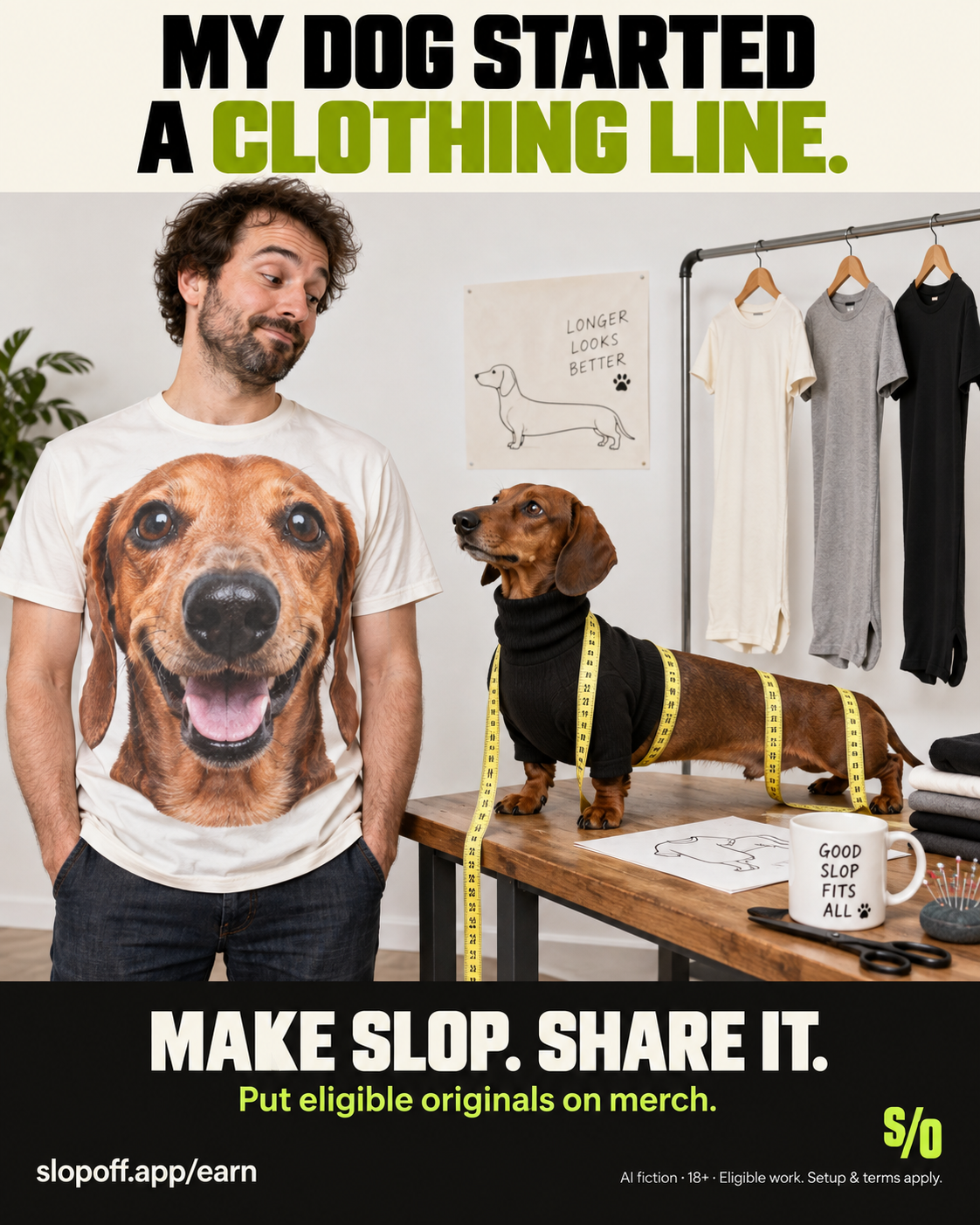 AI-made fictional fashion studio. An adult wears a T-shirt printed with an enormous dachshund face. A dachshund in a black turtleneck stands on the worktable wrapped in measuring tapes, beside sketches and a rack of unusually long shirts. Poster headline: “MY DOG STARTED A CLOTHING LINE.” Footer: “MAKE SLOP. SHARE IT.” and “Put eligible originals on merch.” SlopOff branding and website address. Small print: AI fiction, 18+, eligible work, setup and terms apply.