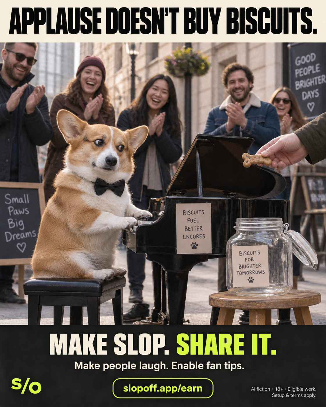 AI-made fictional street performance. A corgi in a bow tie sits at a miniature grand piano while adults applaud. The corgi watches a hand offering a bone-shaped biscuit beside an empty glass biscuit jar. Poster headline: “APPLAUSE DOESN’T BUY BISCUITS.” Footer: “MAKE SLOP. SHARE IT.” and “Make people laugh. Enable fan tips.” SlopOff branding and website address. Small print: AI fiction, 18+, eligible work, setup and terms apply.