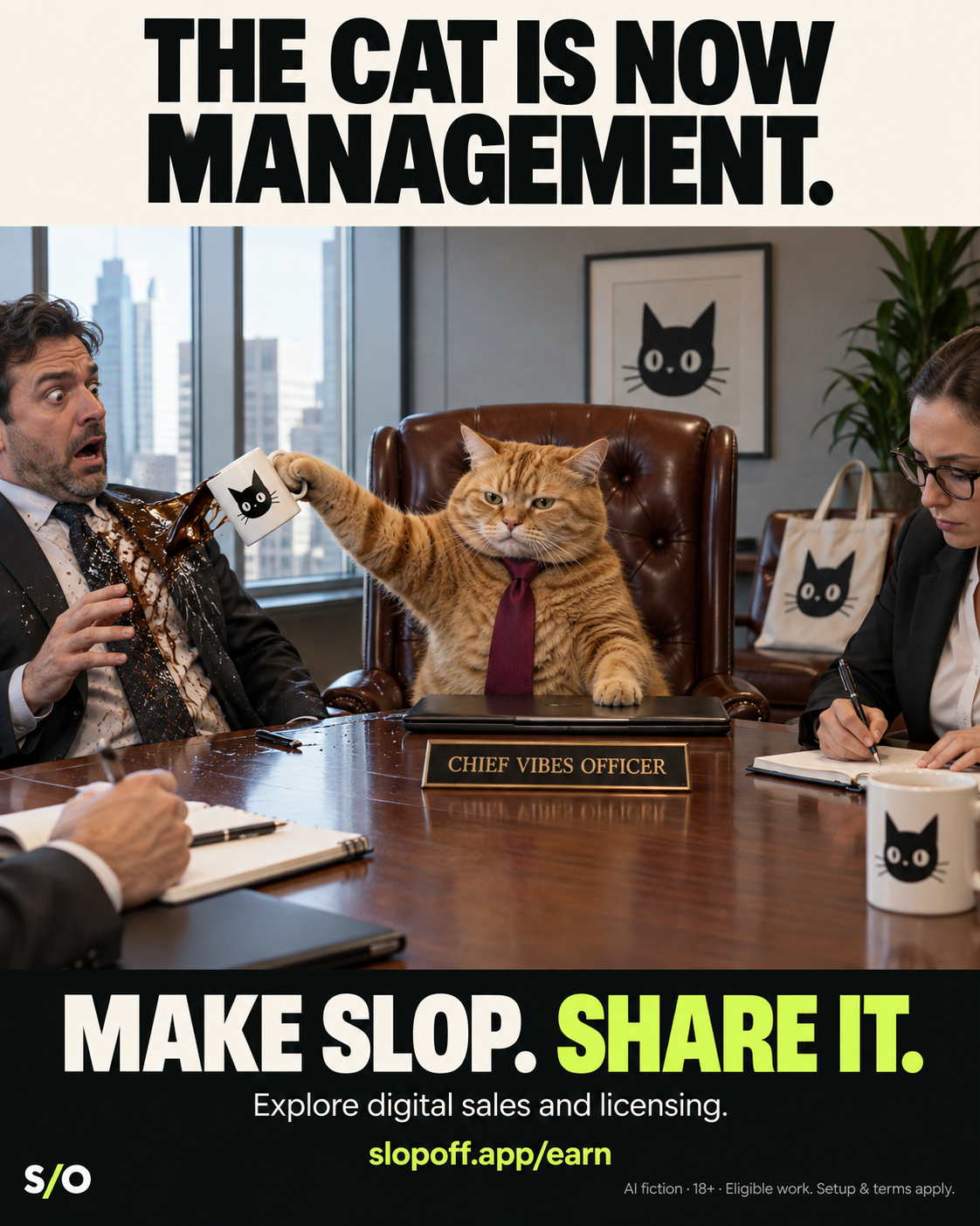 AI-made fictional boardroom. An orange cat in a burgundy tie sits behind a Chief Vibes Officer nameplate and pours coffee from a cat-print mug onto a shocked adult colleague. Matching cat artwork appears on mugs, a tote bag and the wall. Poster headline: “THE CAT IS NOW MANAGEMENT.” Footer: “MAKE SLOP. SHARE IT.” and “Explore digital sales and licensing.” SlopOff branding and website address. Small print: AI fiction, 18+, eligible work, setup and terms apply.