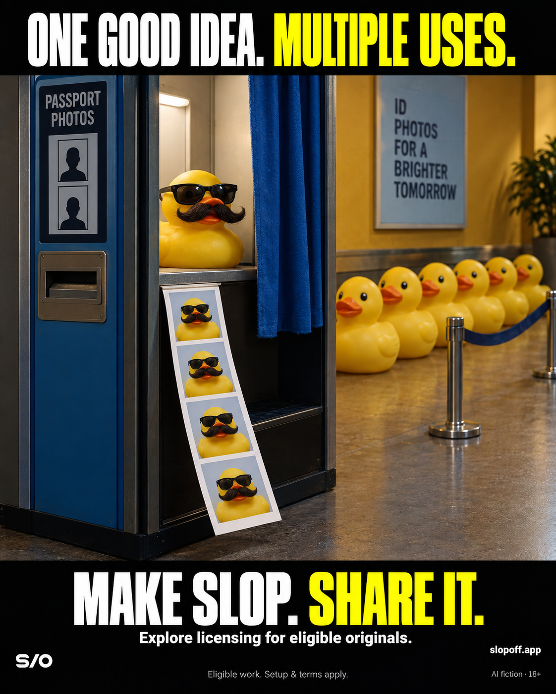 AI-made fictional passport-photo booth. A yellow rubber duck wears sunglasses and a curled fake moustache as four matching portraits emerge in a strip. A line of undecorated rubber ducks waits behind a rope barrier. Poster headline: “ONE GOOD IDEA. MULTIPLE USES.” Footer: “MAKE SLOP. SHARE IT.” and “Explore licensing for eligible originals.” SlopOff branding and website address. Small print: AI fiction, 18+, eligible work, setup and terms apply.