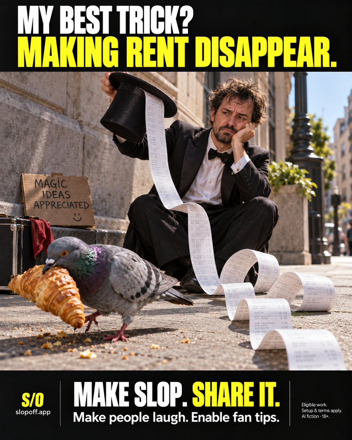 AI-made fictional street magician in a black suit and bow tie sits on a stone step, looking dejected. He holds a top hat with a very long receipt spilling onto the pavement while a pigeon carries a croissant in the foreground. Poster headline: “MY BEST TRICK? MAKING RENT DISAPPEAR.” Footer: “MAKE SLOP. SHARE IT.” and “Make people laugh. Enable fan tips.” SlopOff branding and website address. Small print: AI fiction, 18+, eligible work, setup and terms apply.