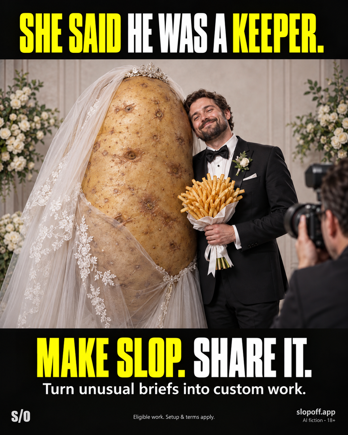 AI-made fictional wedding portrait. An adult groom in a tuxedo leans affectionately against a huge potato wearing a bridal veil and tiara. He holds a bouquet of French fries as a photographer frames the couple among white flowers. Poster headline: “SHE SAID HE WAS A KEEPER.” Footer: “MAKE SLOP. SHARE IT.” and “Turn unusual briefs into custom work.” SlopOff branding and website address. Small print: AI fiction, 18+, eligible work, setup and terms apply.