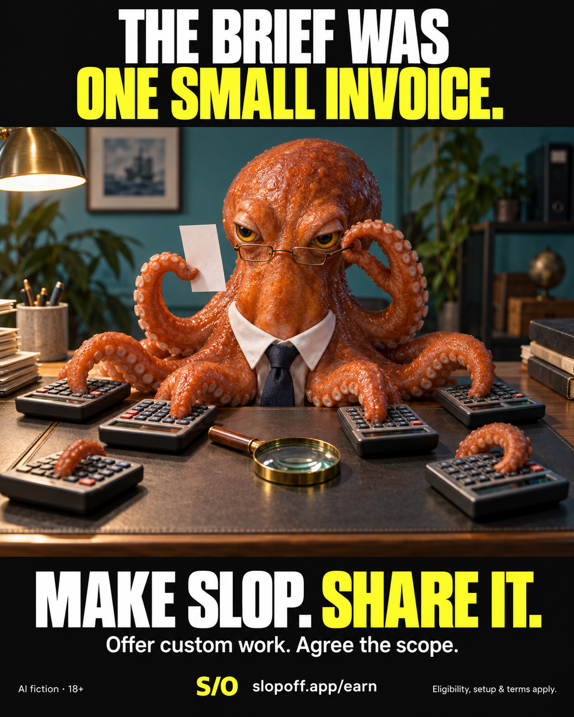 THE BRIEF WAS ONE SMALL INVOICE. Official AI-fiction SlopOff campaign. Offer custom work. Agree the scope.