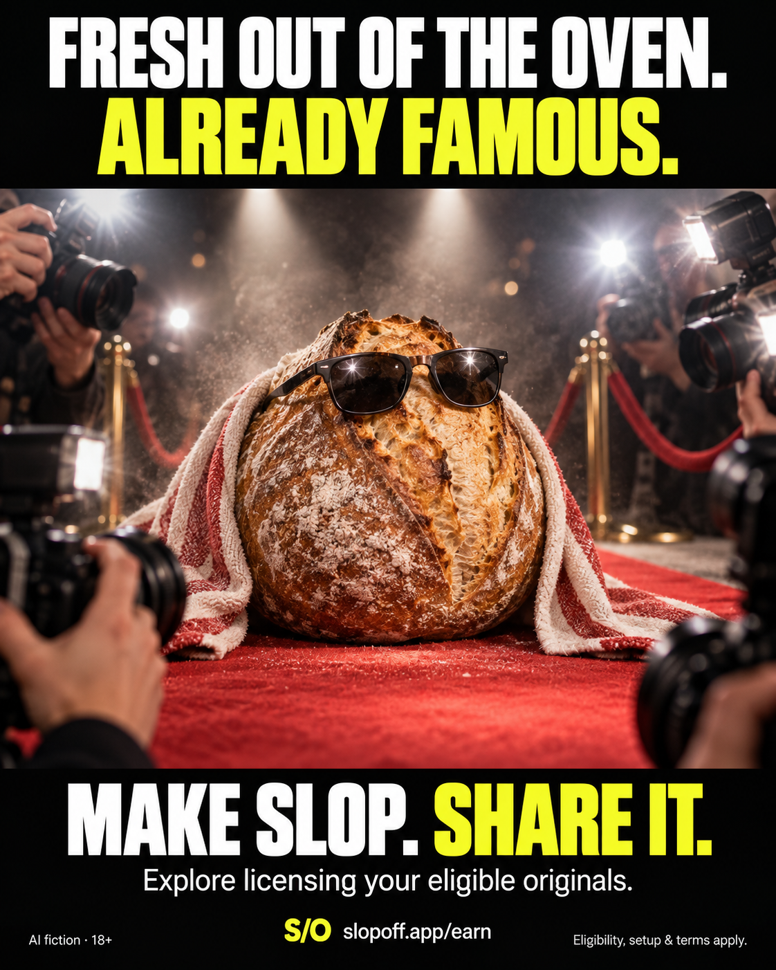 FRESH OUT OF THE OVEN. ALREADY FAMOUS. Official AI-fiction SlopOff campaign. Explore licensing your eligible originals.
