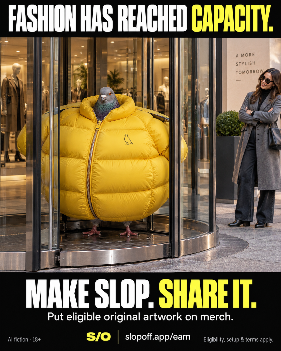 FASHION HAS REACHED CAPACITY. Official AI-fiction SlopOff campaign. Put eligible original artwork on merch.