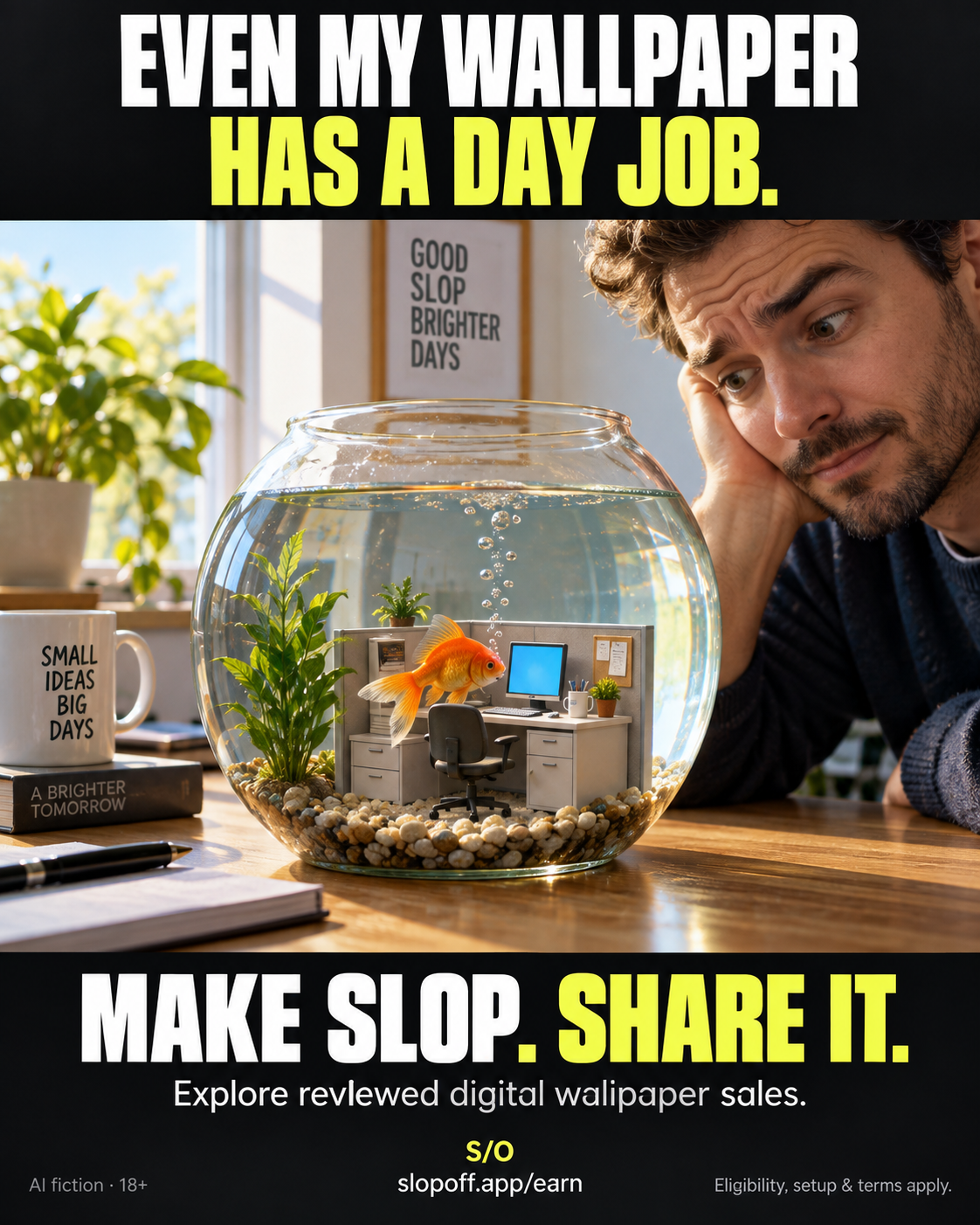 EVEN MY WALLPAPER HAS A DAY JOB. Official AI-fiction SlopOff campaign. Explore reviewed digital wallpaper sales.