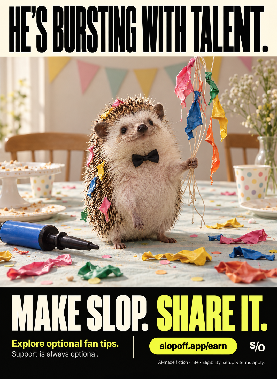 A photoreal fictional hedgehog in a bow tie stands on a party table holding strings with only limp burst balloon scraps. More colorful scraps cling to its quills; a hand pump lies nearby. Header: HE'S BURSTING WITH TALENT. Footer: MAKE SLOP. SHARE IT.; Explore optional fan tips.; Support is always optional.; slopoff.app/earn; S/O; AI-made fiction,18+,eligibility/setup/terms.