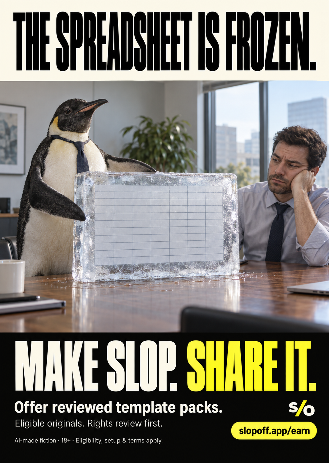 A photoreal fictional penguin wearing a tie proudly presents a thick ice slab containing a blank spreadsheet grid on an office table. An adult coworker rests his face on his hand and looks unimpressed. Header: THE SPREADSHEET IS FROZEN. Footer: MAKE SLOP. SHARE IT.; Offer reviewed template packs.; Eligible originals. Rights review first.; slopoff.app/earn; S/O; AI-made fiction,18+,eligibility/setup/terms.