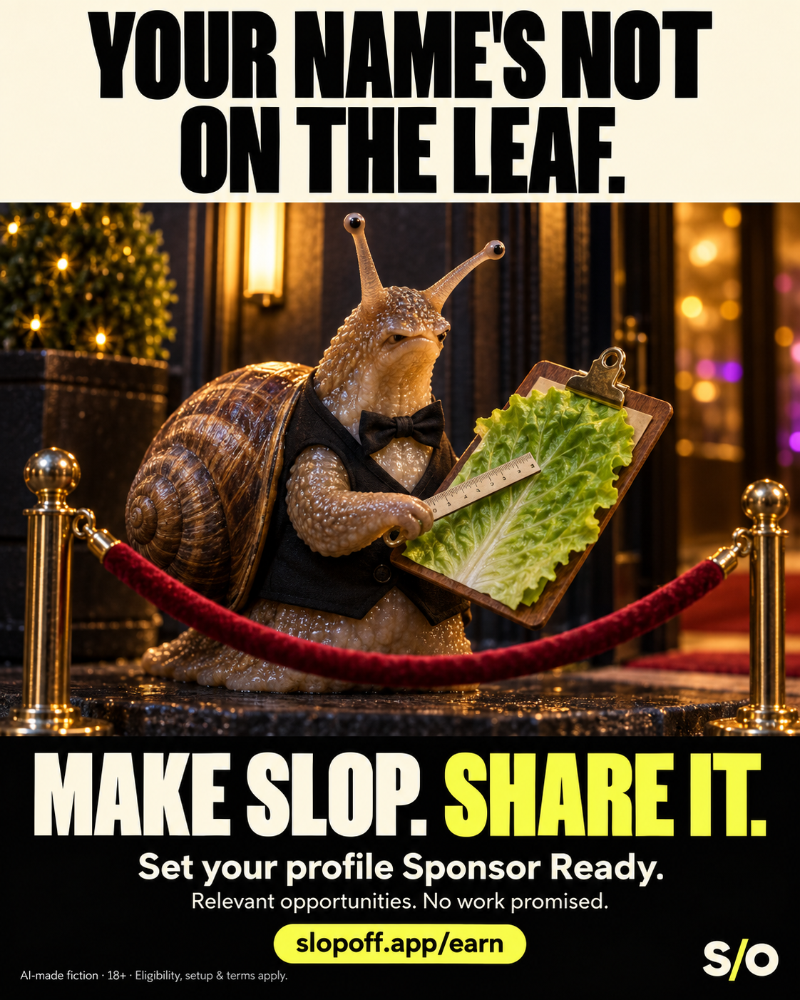 A fictional anthropomorphic snail bouncer in a black vest and bow tie stands behind a velvet rope outside an unbranded nightclub. It holds a clipboard with a lettuce leaf and measures the leaf with a small ruler. Header: YOUR NAME'S NOT ON THE LEAF. Footer: MAKE SLOP. SHARE IT.; Set your profile Sponsor Ready.; Relevant opportunities. No work promised.; slopoff.app/earn; S/O; AI-made fiction,18+,eligibility/setup/terms.