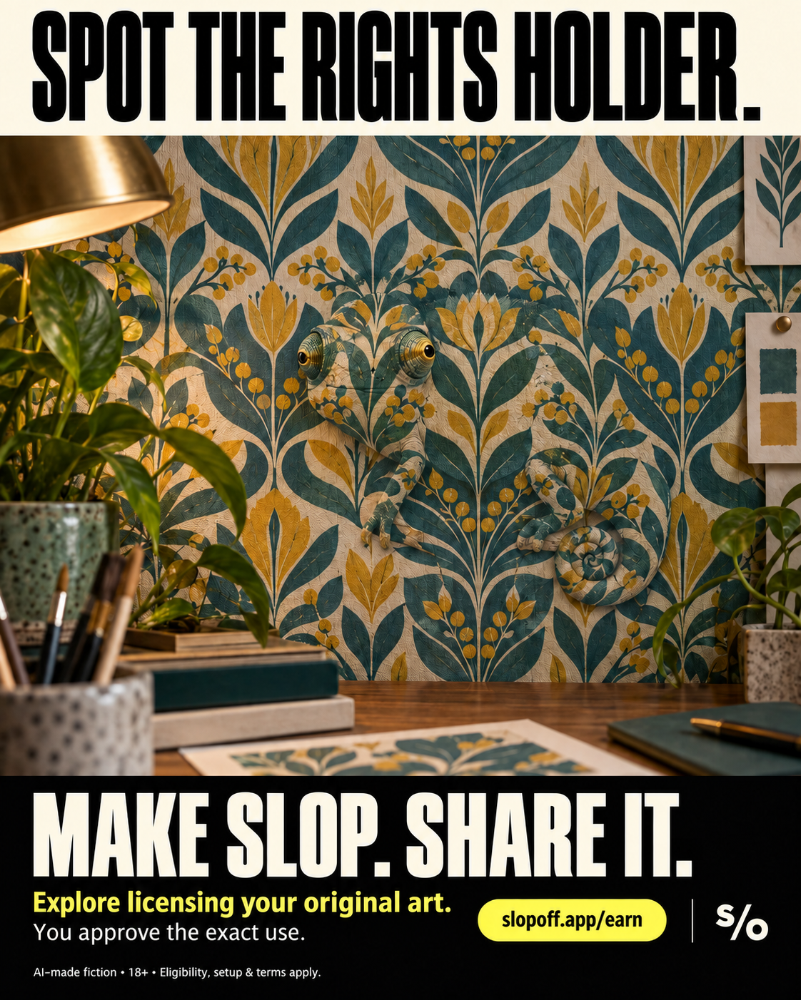 A fictional photoreal chameleon is camouflaged against teal, mustard and cream botanical wallpaper. Exactly two bulging eyes are visible, with a faint matching body and curled tail. Design swatches and a lamp frame the scene. Header: SPOT THE RIGHTS HOLDER. Footer: MAKE SLOP. SHARE IT.; Explore licensing your original art.; You approve the exact use.; slopoff.app/earn; S/O; AI-made fiction,18+,eligibility/setup/terms.