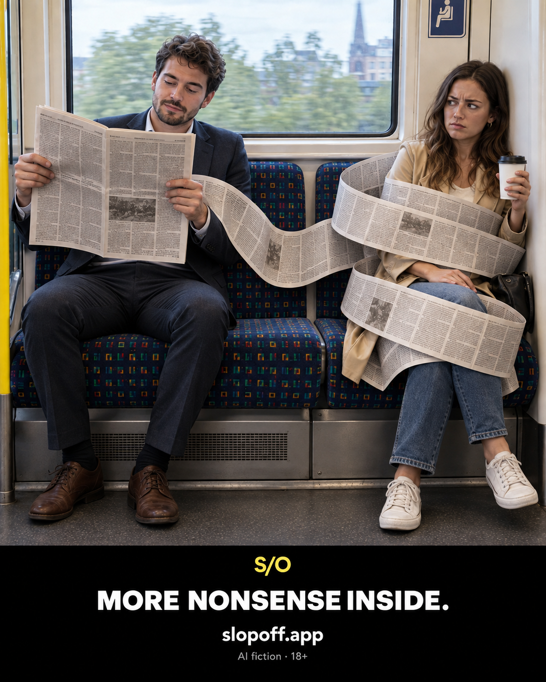 Two fictional adult commuters on a train. A man reads a newspaper whose connected paper loops loosely around his annoyed neighbour; her coffee and both hands remain free. SlopOff-branded AI fiction.