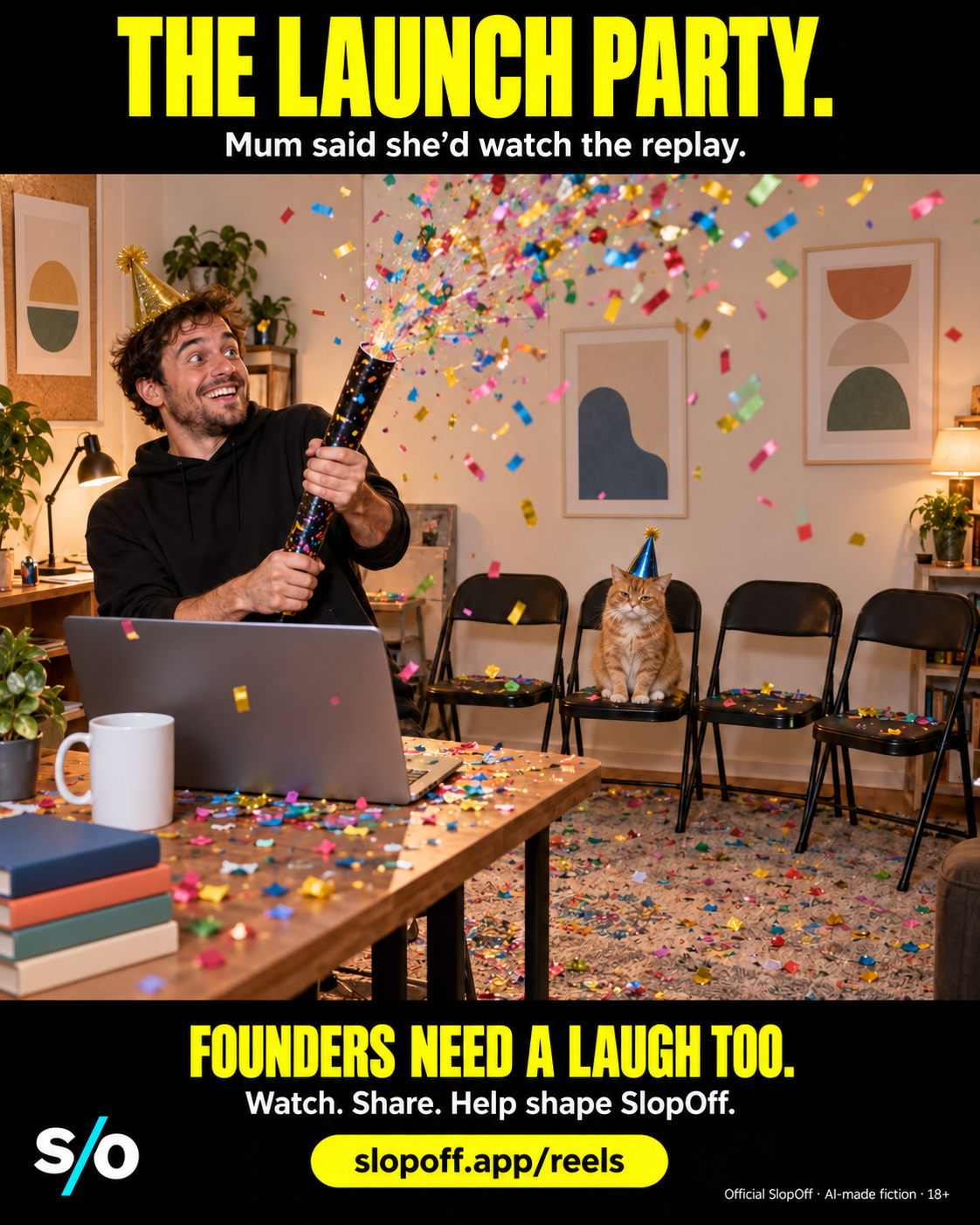 An AI-fiction founder fires confetti at a home-office launch party attended by one unimpressed cat in a party hat, with three empty chairs. SlopOff Reels invitation and AI-made fiction 18+ disclosure.
