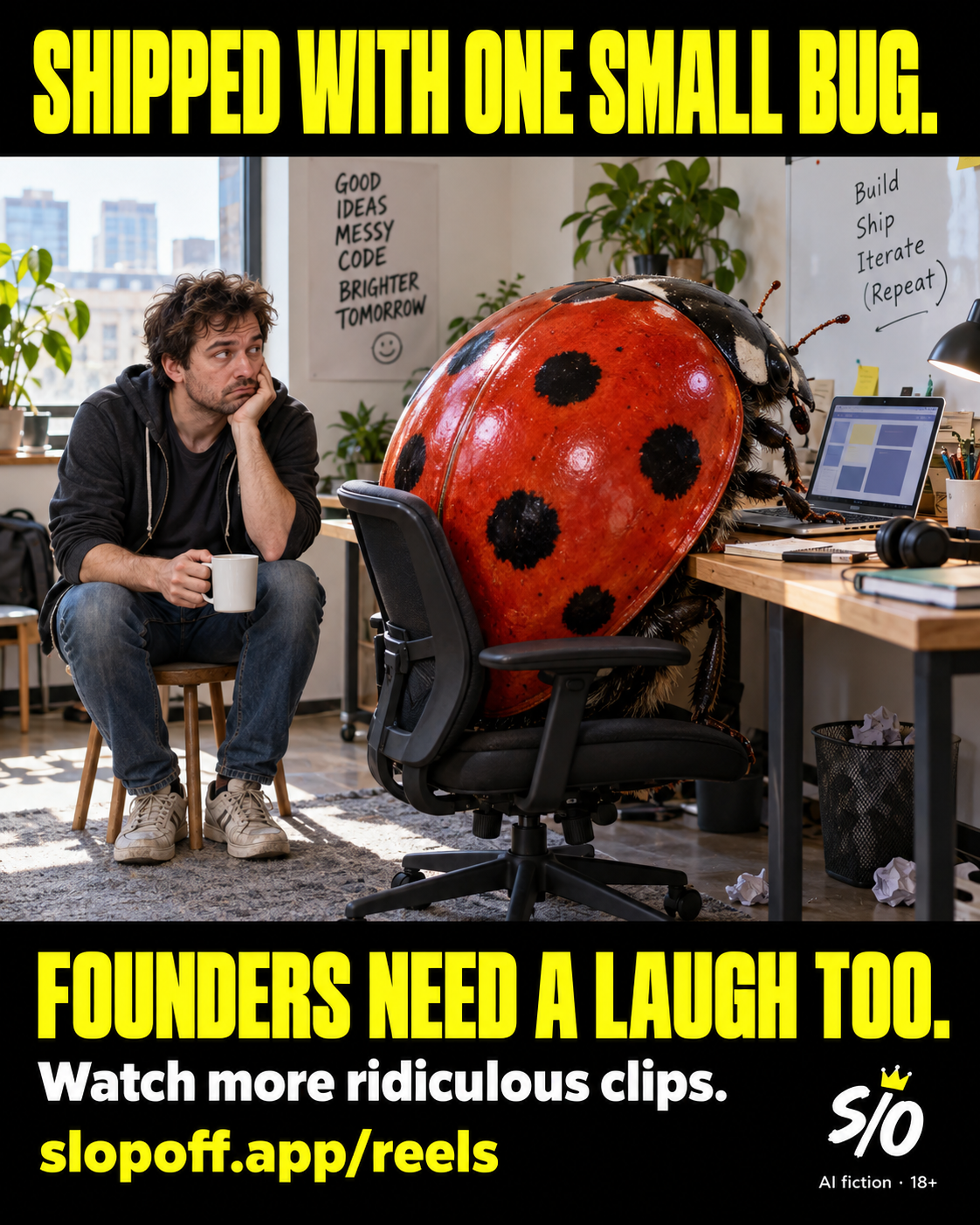 A fictional founder sits on a tiny stool beside a giant harmless ladybird occupying the desk chair and blocking a laptop. SHIPPED WITH ONE SMALL BUG., SlopOff Reels invitation and AI fiction 18+ disclosure.