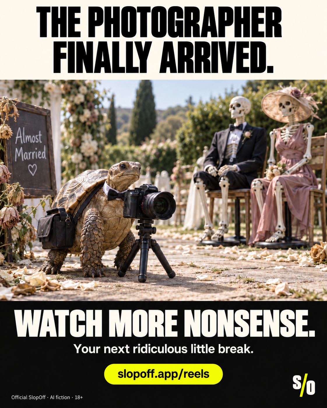 An AI-fiction tortoise wedding photographer arrives with a camera while two dressed skeleton figures wait in a garden. WATCH MORE NONSENSE and slopoff.app/reels, with official SlopOff AI-fiction 18+ disclosure.